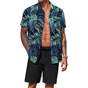 COOFANDY Men’s Hawaiian 2 Piece Outfits Floral Button Down Shirt and Shorts Vacation Outfits Summer Beach Matching Set(Leaf Blue Black)