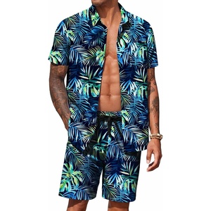 COOFANDY Men’s Hawaiian 2 Piece Outfits Floral Button Down Shirt and Shorts Vacation Outfits Summer Beach Matching Set(Leaf Green)