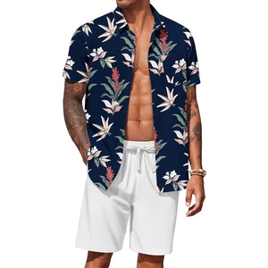 COOFANDY Men’s Hawaiian 2 Piece Outfits Floral Button Down Shirt and Shorts Vacation Outfits Summer Beach Matching Set(Leaf Navy Blue)