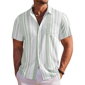 COOFANDY Men’s Hawaiian Shirt Short Sleeve Floral Button Down Shirts Tropical Holiday Beach Shirts(Striped – Light Green)