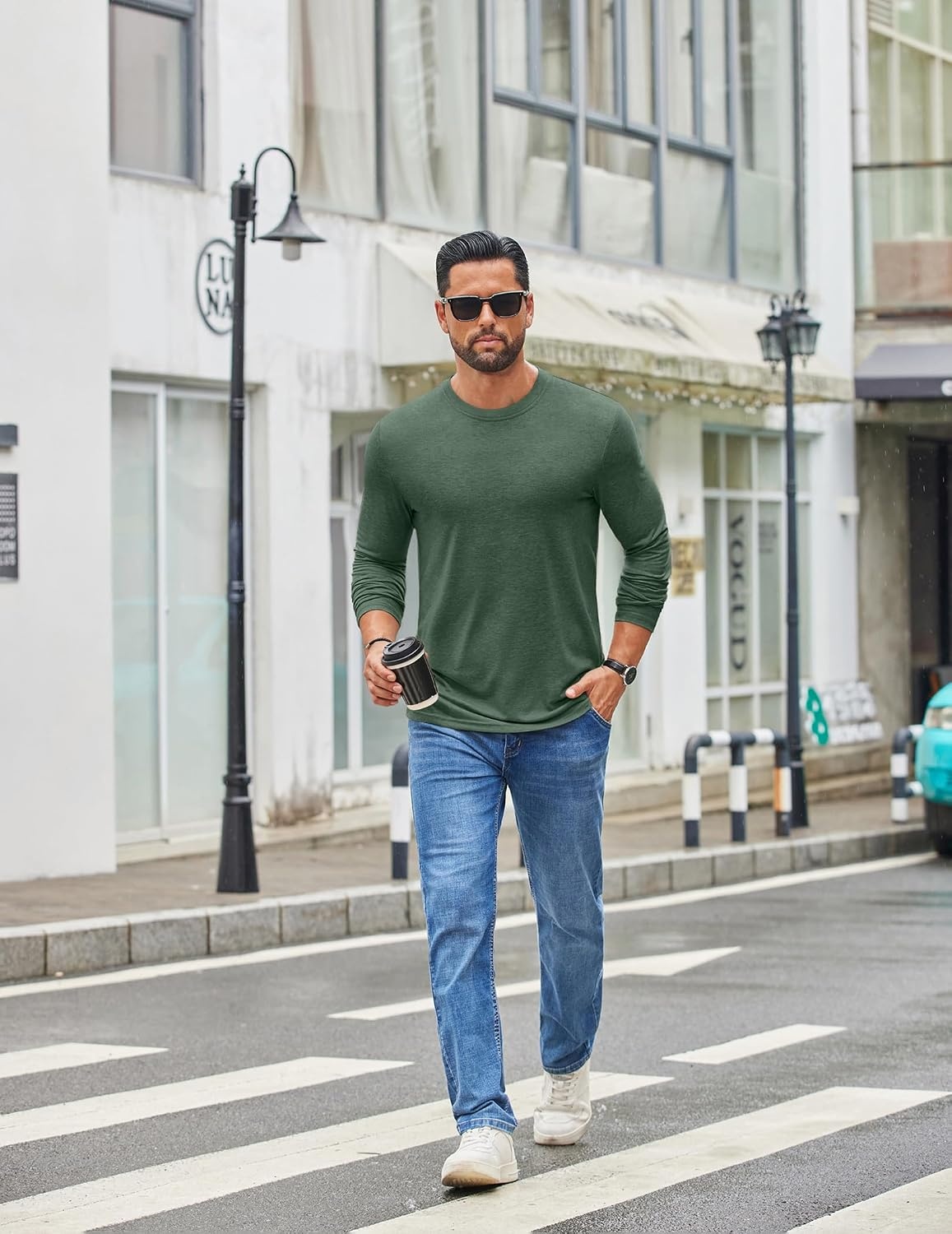 image:imageCOOFANDY Mens Crew Neck TShirt Long Sleeve Casual Pullover Tees Soft Stretch Basic Tee ShirtsBright Green