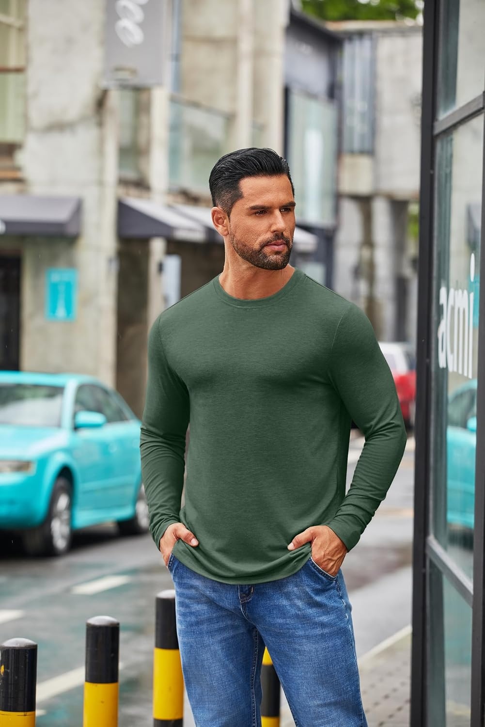 image:imageCOOFANDY Mens Crew Neck TShirt Long Sleeve Casual Pullover Tees Soft Stretch Basic Tee ShirtsBright Green