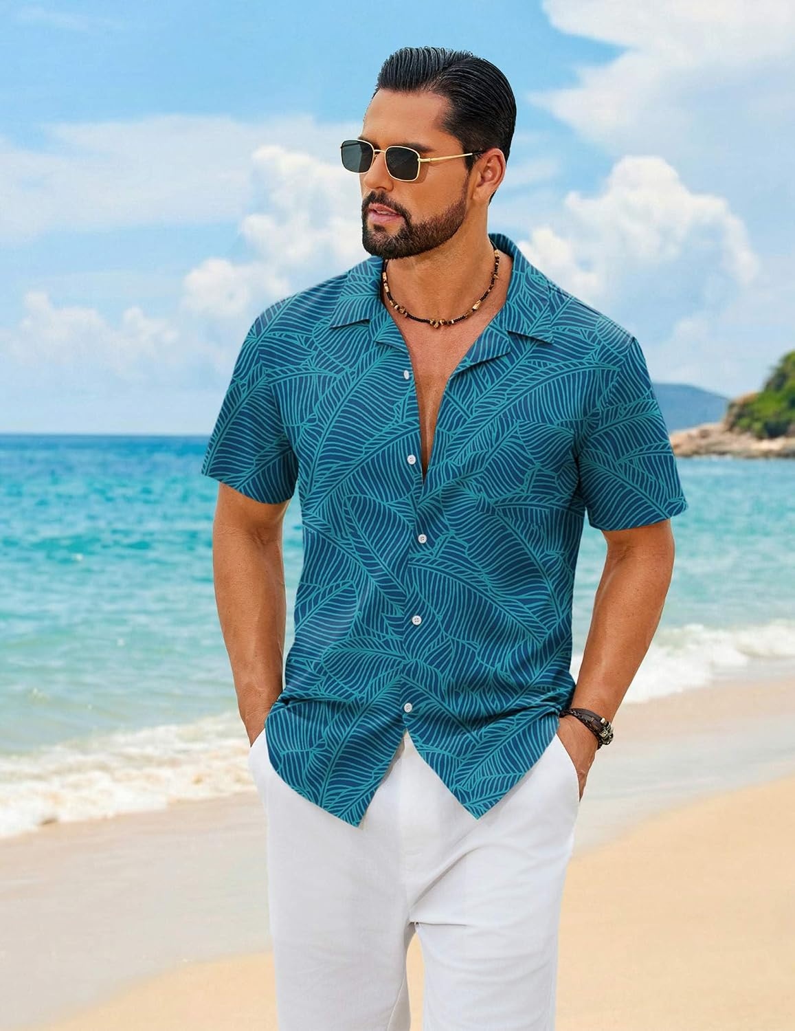 image:imageCOOFANDY Mens Hawaiian Shirt Short Sleeve Floral Button Down Shirts Tropical Summer Beach Shirts Camp Collar Shirt Lake GreenLeaf 3XLarge