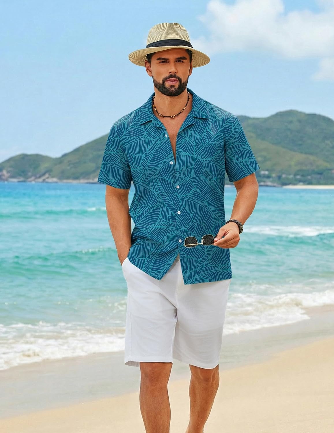 image:imageCOOFANDY Mens Hawaiian Shirt Short Sleeve Floral Button Down Shirts Tropical Summer Beach Shirts Camp Collar Shirt Lake GreenLeaf 3XLarge