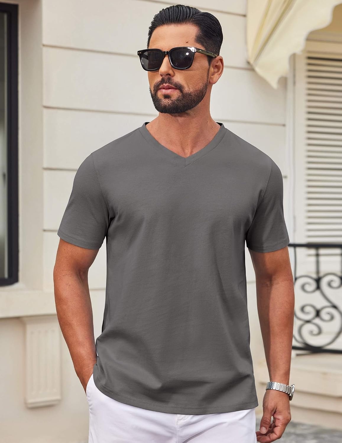 image:imageCOOFANDY Mens T Shirts V Neck Short Sleeve Plain Casual Cotton Basic Pullover TeesGrey