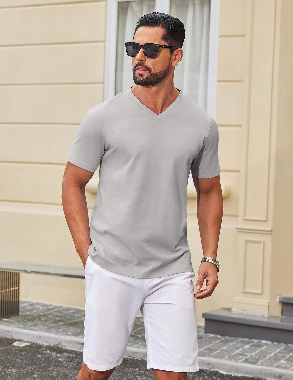 image:imageCOOFANDY Mens T Shirts V Neck Short Sleeve Plain Casual Cotton Basic Pullover TeesLight Grey
