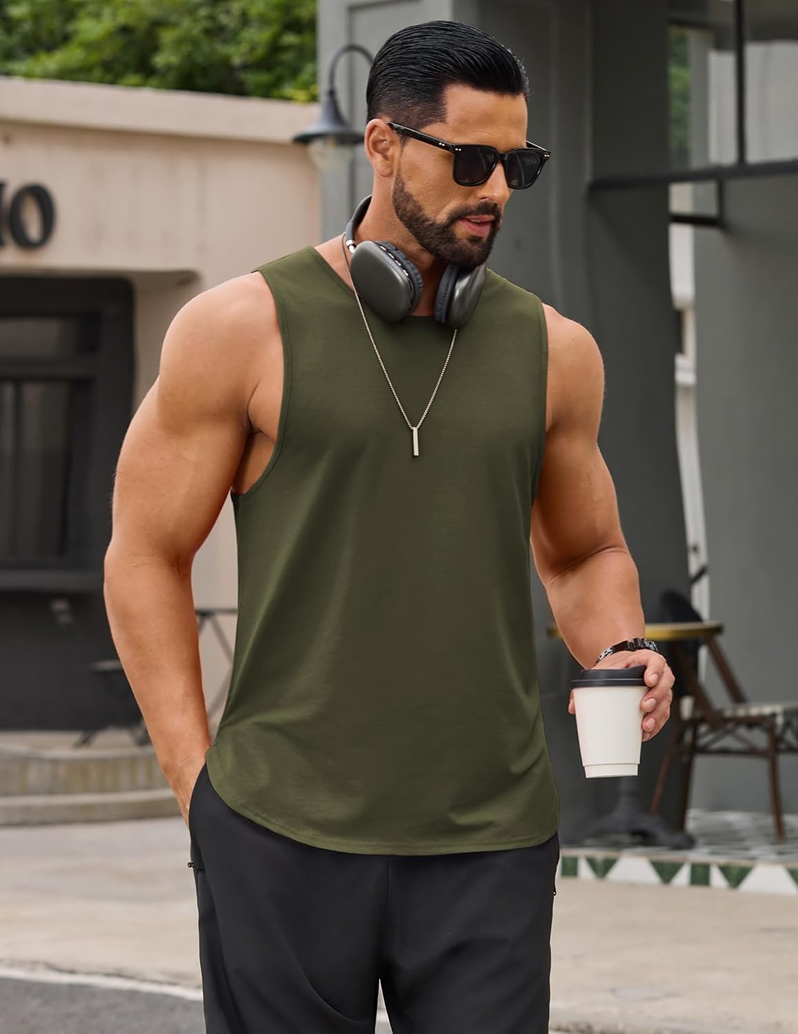 image:imageCOOFANDY Gym Sleeveless Shirts Men Cotton Blend Stringer Tank Tops Quick Dry Soft Gym Wear Active Gym Shirts Workout Tank Army Green