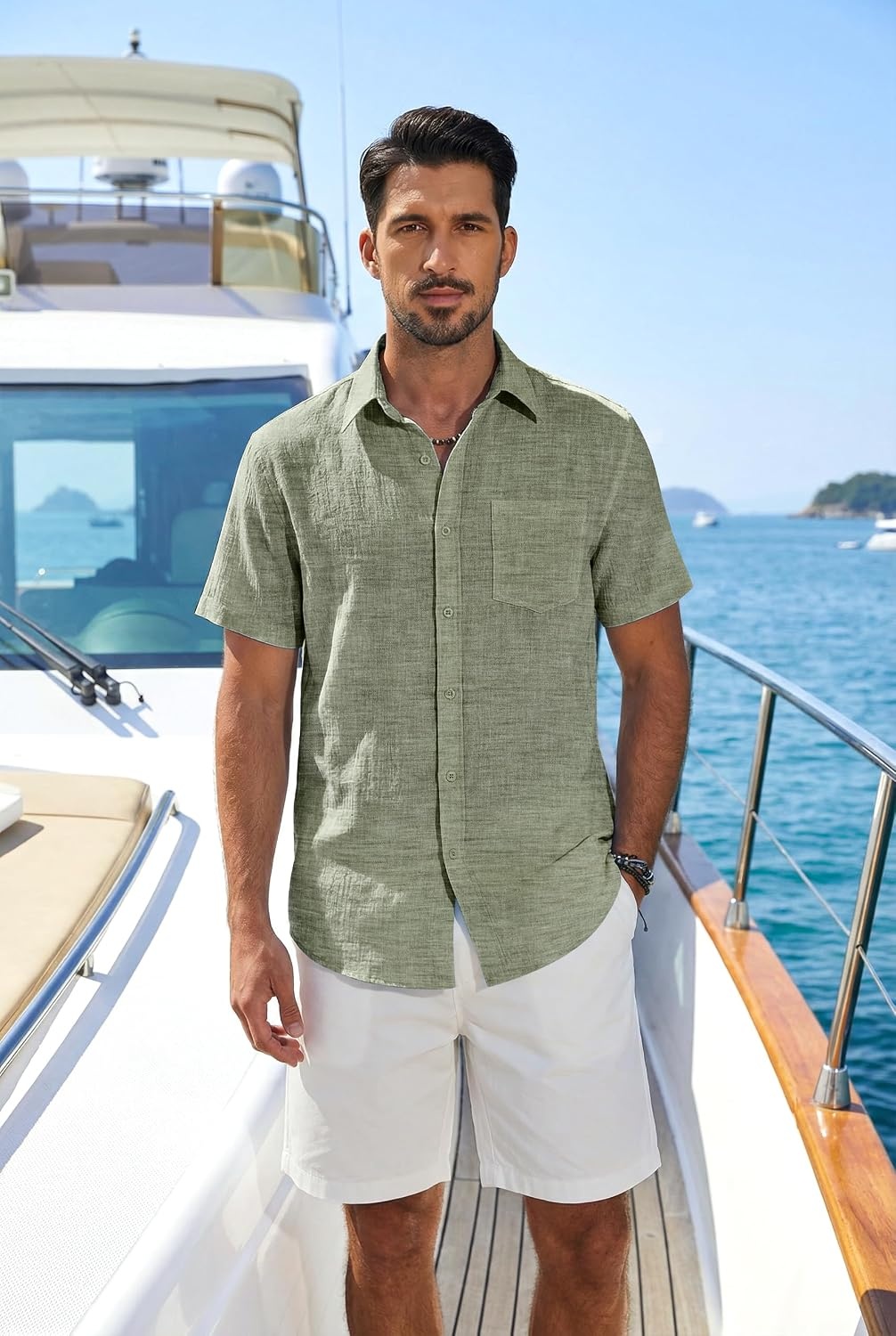 image:imageCOOFANDY Mens Button Down Short Sleeve Shirt Lightweight Casual Summer Beach Shirts with PocketArmy Green