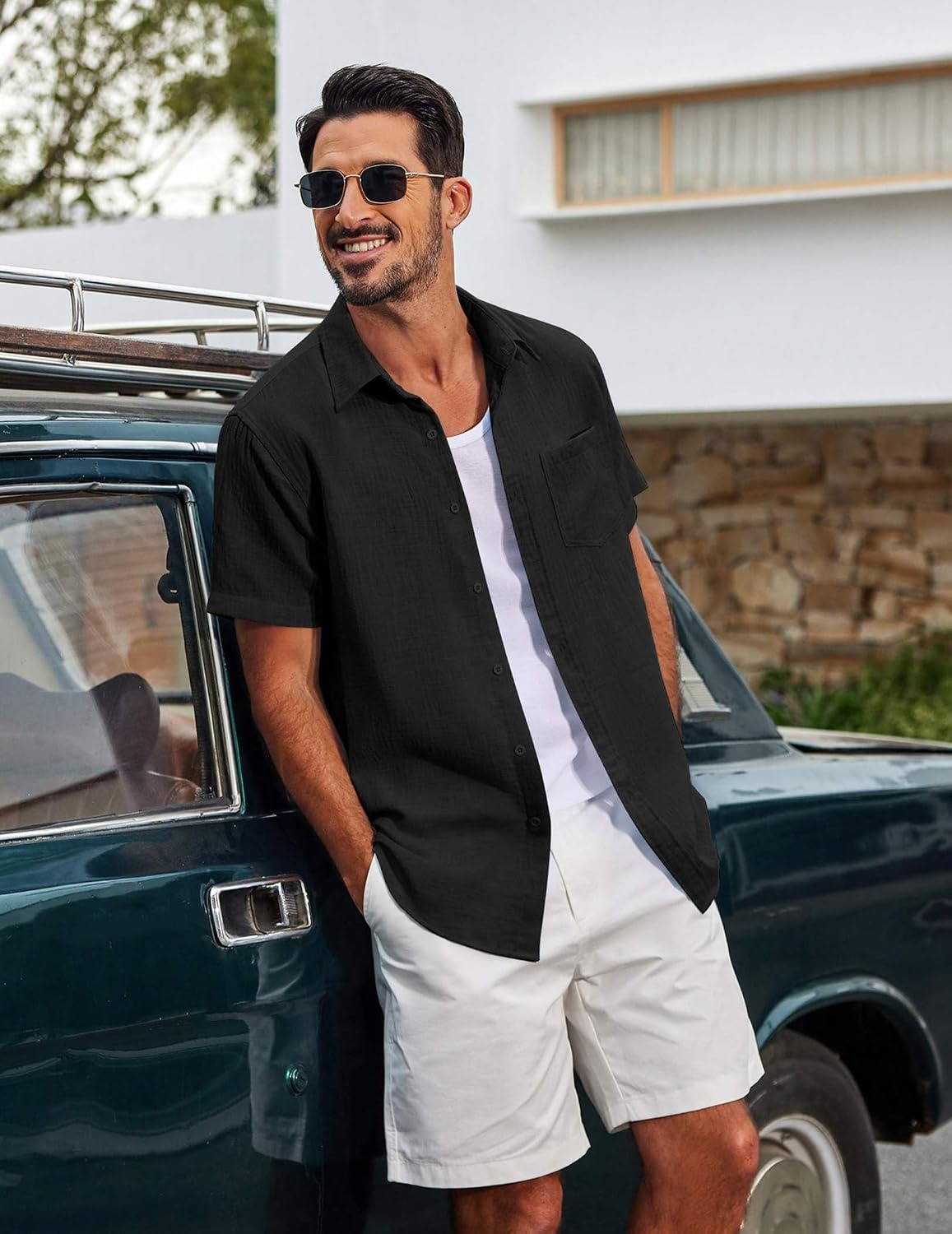 image:imageCOOFANDY Mens Button Down Short Sleeve Shirt Lightweight Casual Summer Beach Shirts with PocketBlack