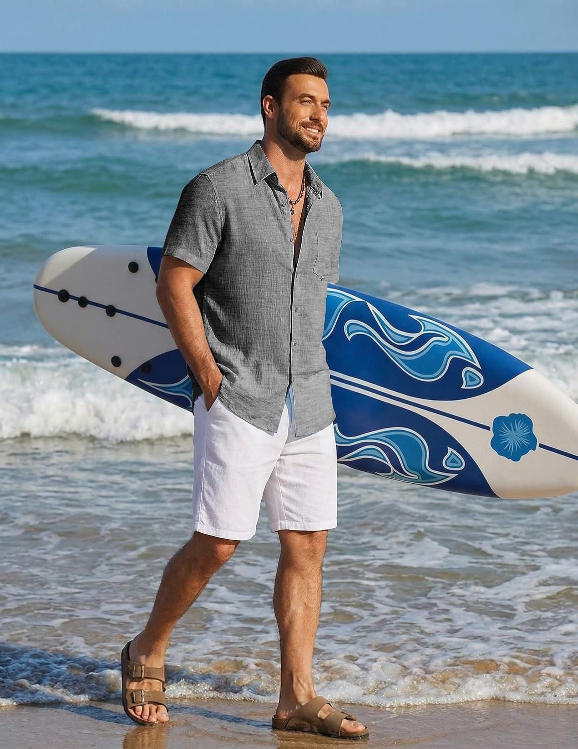 image:imageCOOFANDY Mens Button Down Short Sleeve Shirt Lightweight Casual Summer Beach Shirts with PocketDark Grey