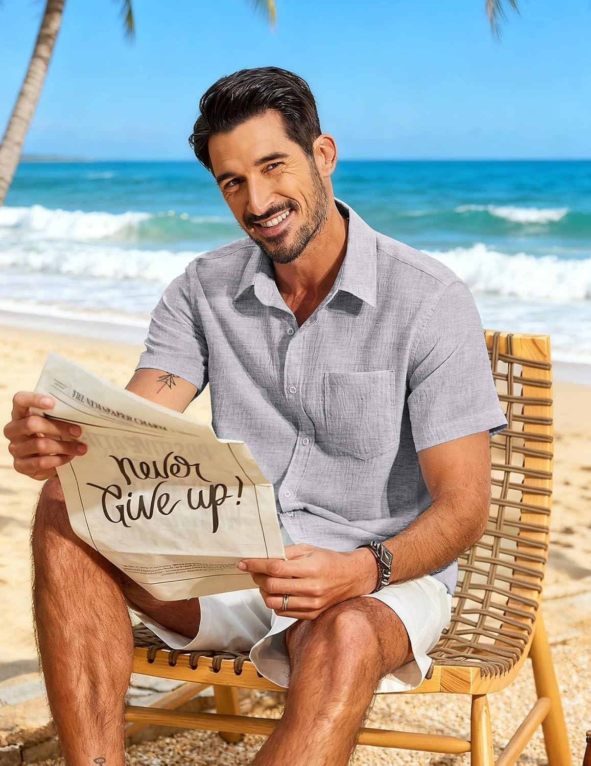 image:imageCOOFANDY Mens Button Down Short Sleeve Shirt Lightweight Casual Summer Beach Shirts with PocketLight Gray