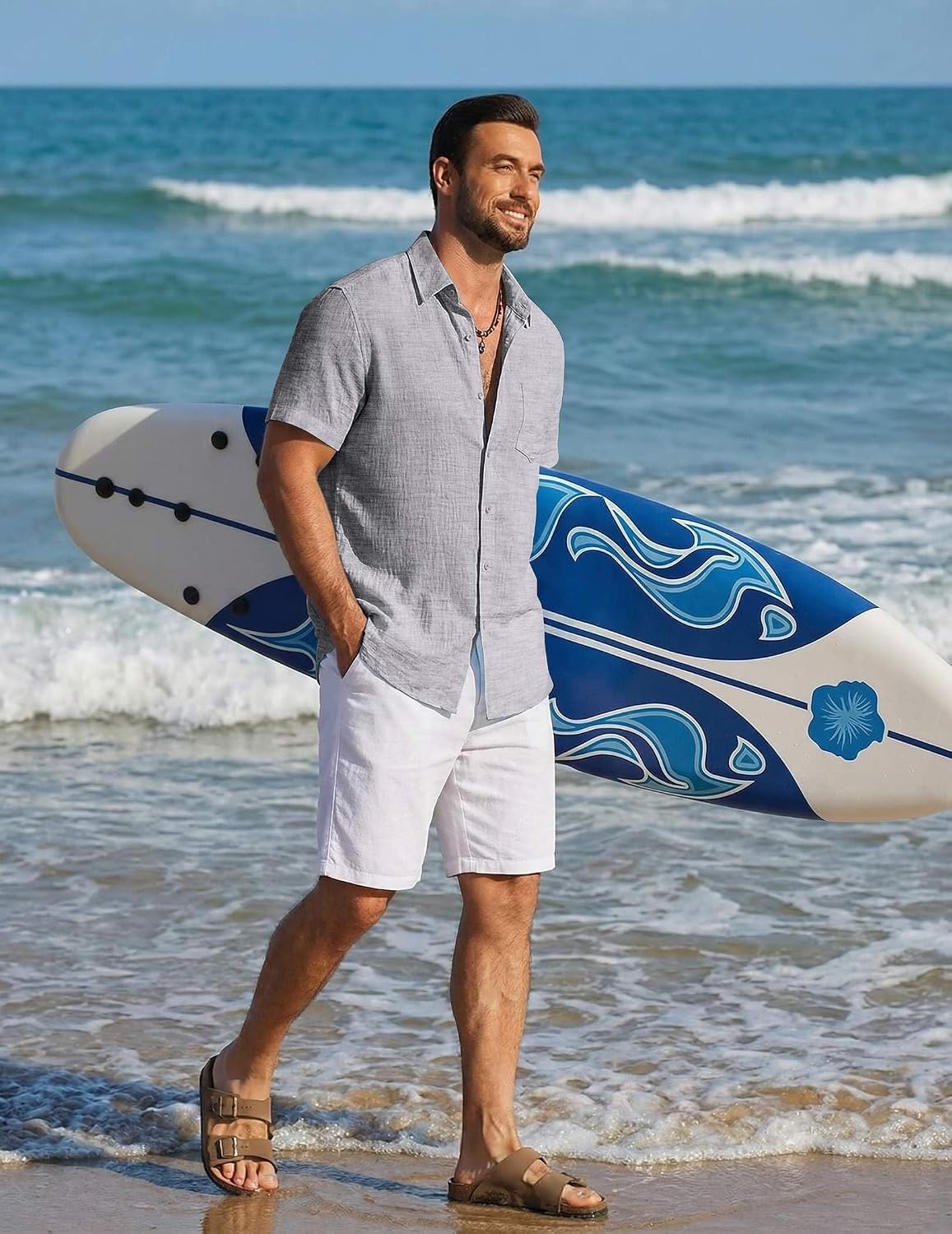 image:imageCOOFANDY Mens Button Down Short Sleeve Shirt Lightweight Casual Summer Beach Shirts with PocketLight Gray