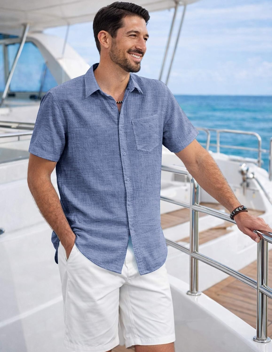 image:imageCOOFANDY Mens Button Down Short Sleeve Shirt Lightweight Casual Summer Beach Shirts with PocketNavy