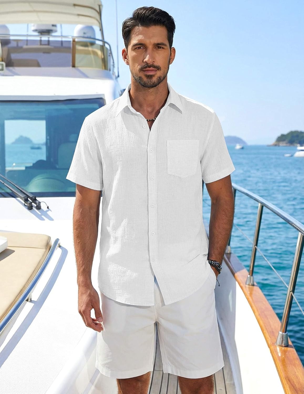 image:imageCOOFANDY Mens Button Down Short Sleeve Shirt Lightweight Casual Summer Beach Shirts with PocketWhite
