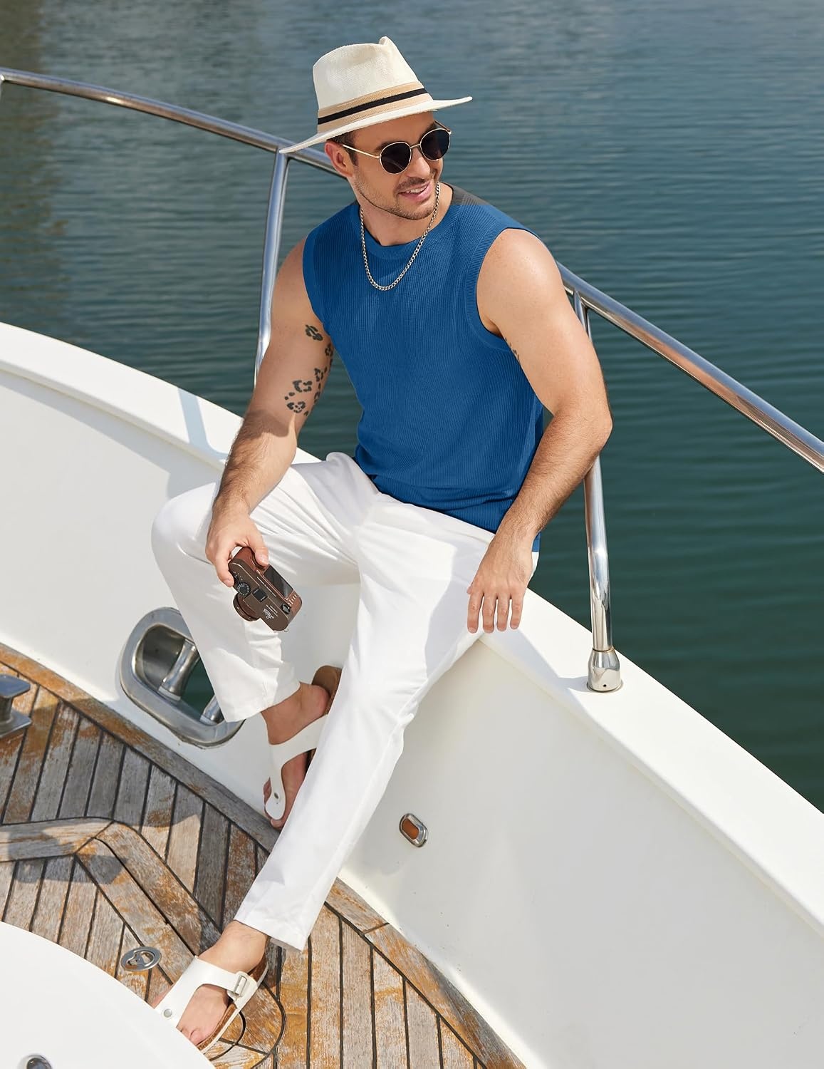 image:imageCOOFANDY Mens Casual Knitted Tank Tops Crew Neck Sleeveless Muscle T Shirts Summer Beach TopsDusty Blue