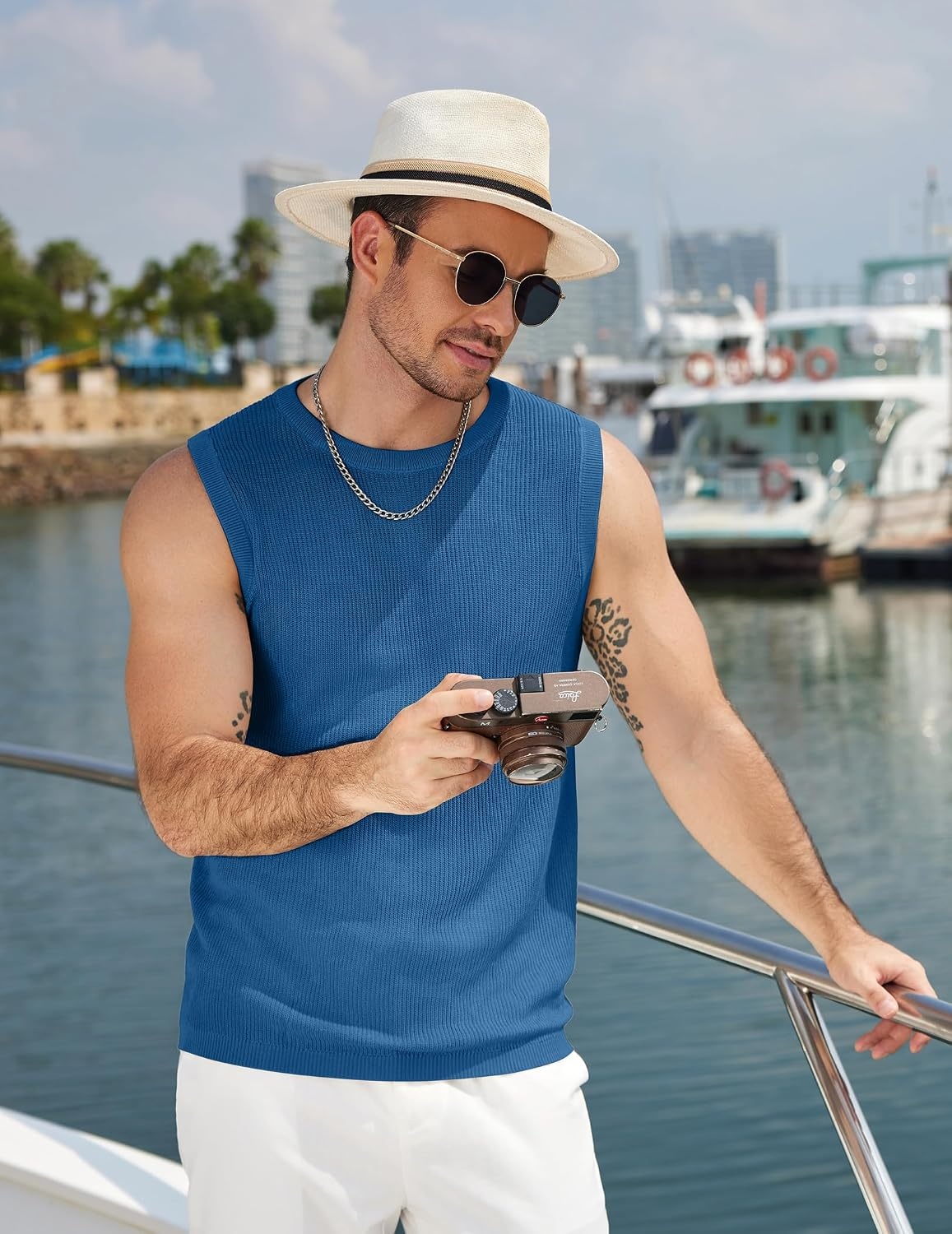 image:imageCOOFANDY Mens Casual Knitted Tank Tops Crew Neck Sleeveless Muscle T Shirts Summer Beach TopsDusty Blue