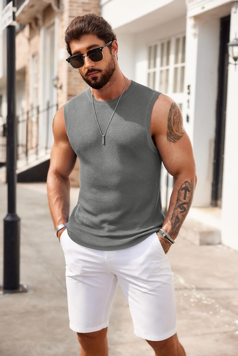 image:imageCOOFANDY Mens Casual Knitted Tank Tops Crew Neck Sleeveless Muscle T Shirts Summer Beach TopsHeather Gray