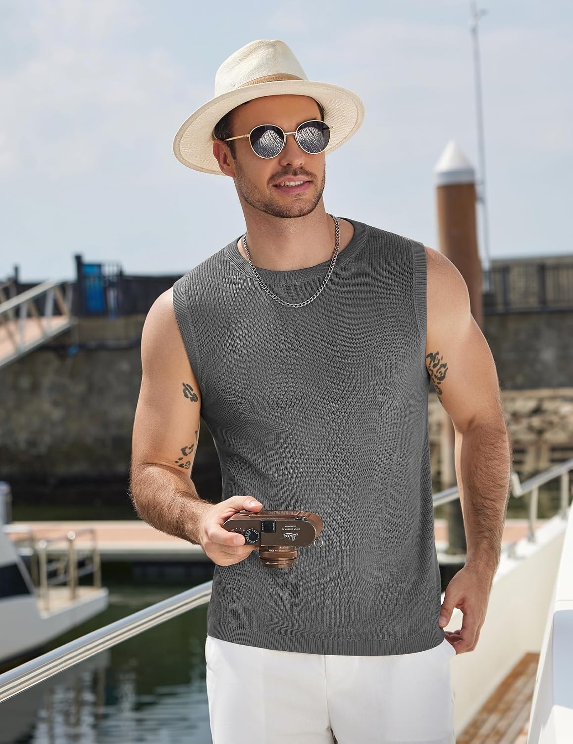 image:imageCOOFANDY Mens Casual Knitted Tank Tops Crew Neck Sleeveless Muscle T Shirts Summer Beach TopsHeather Gray