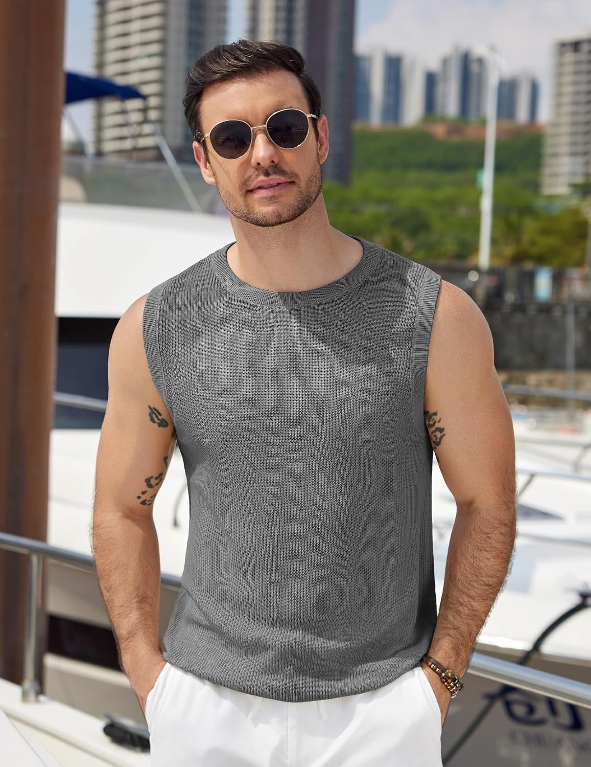 image:imageCOOFANDY Mens Casual Knitted Tank Tops Crew Neck Sleeveless Muscle T Shirts Summer Beach TopsHeather Gray