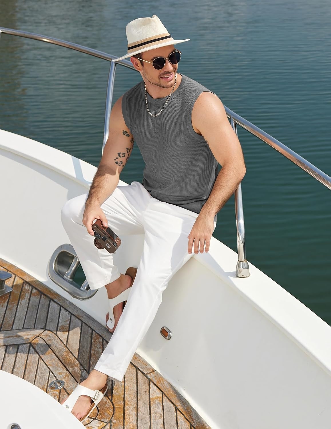 image:imageCOOFANDY Mens Casual Knitted Tank Tops Crew Neck Sleeveless Muscle T Shirts Summer Beach TopsHeather Gray
