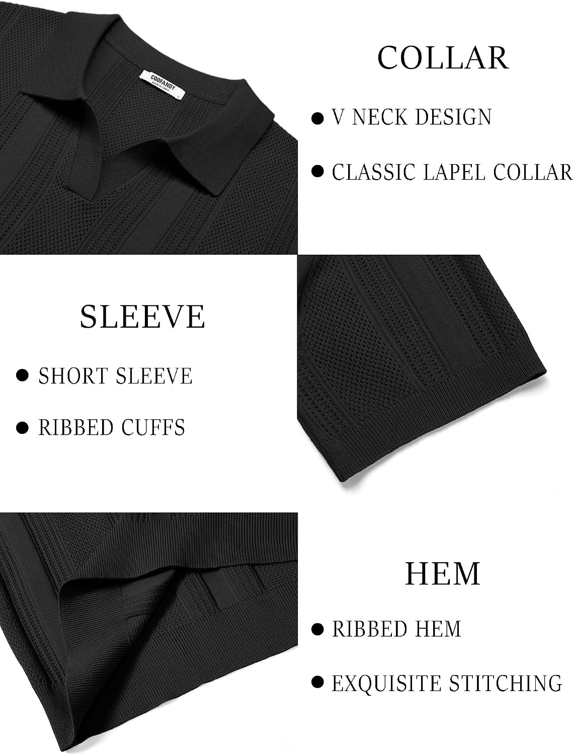image:imageCOOFANDY Mens Knit Polo Shirts V Neck Textured Polo Shirts Short Sleeve Breathable Polo Casual Collared T Shirt Fashion TopsAll Black