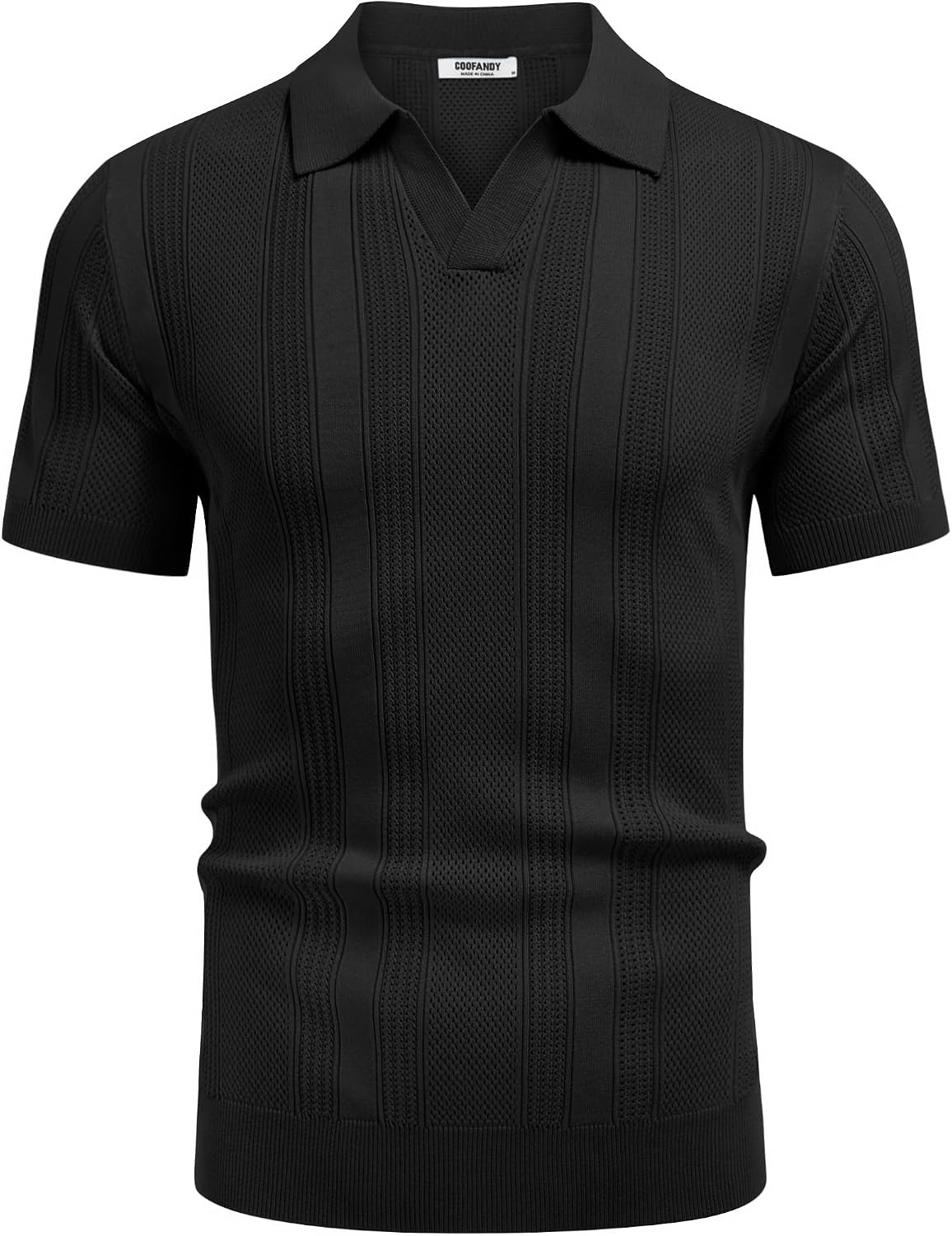 image:imageCOOFANDY Mens Knit Polo Shirts V Neck Textured Polo Shirts Short Sleeve Breathable Polo Casual Collared T Shirt Fashion TopsAll Black