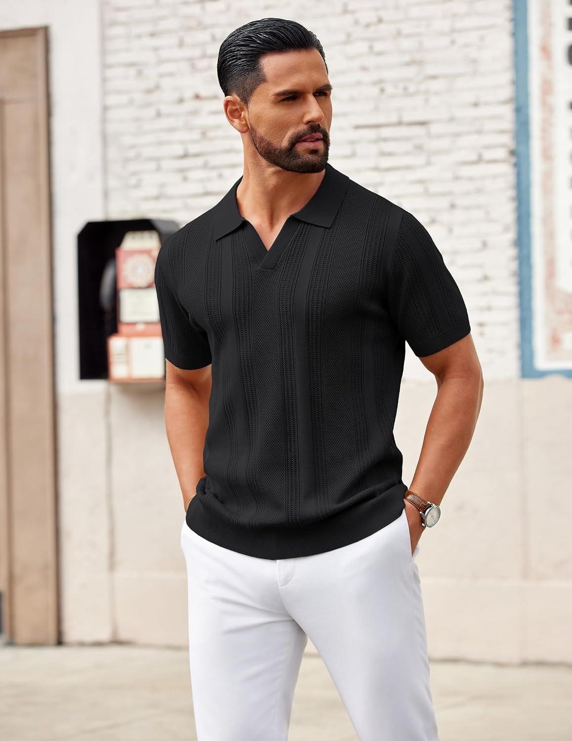 image:imageCOOFANDY Mens Knit Polo Shirts V Neck Textured Polo Shirts Short Sleeve Breathable Polo Casual Collared T Shirt Fashion TopsAll Black