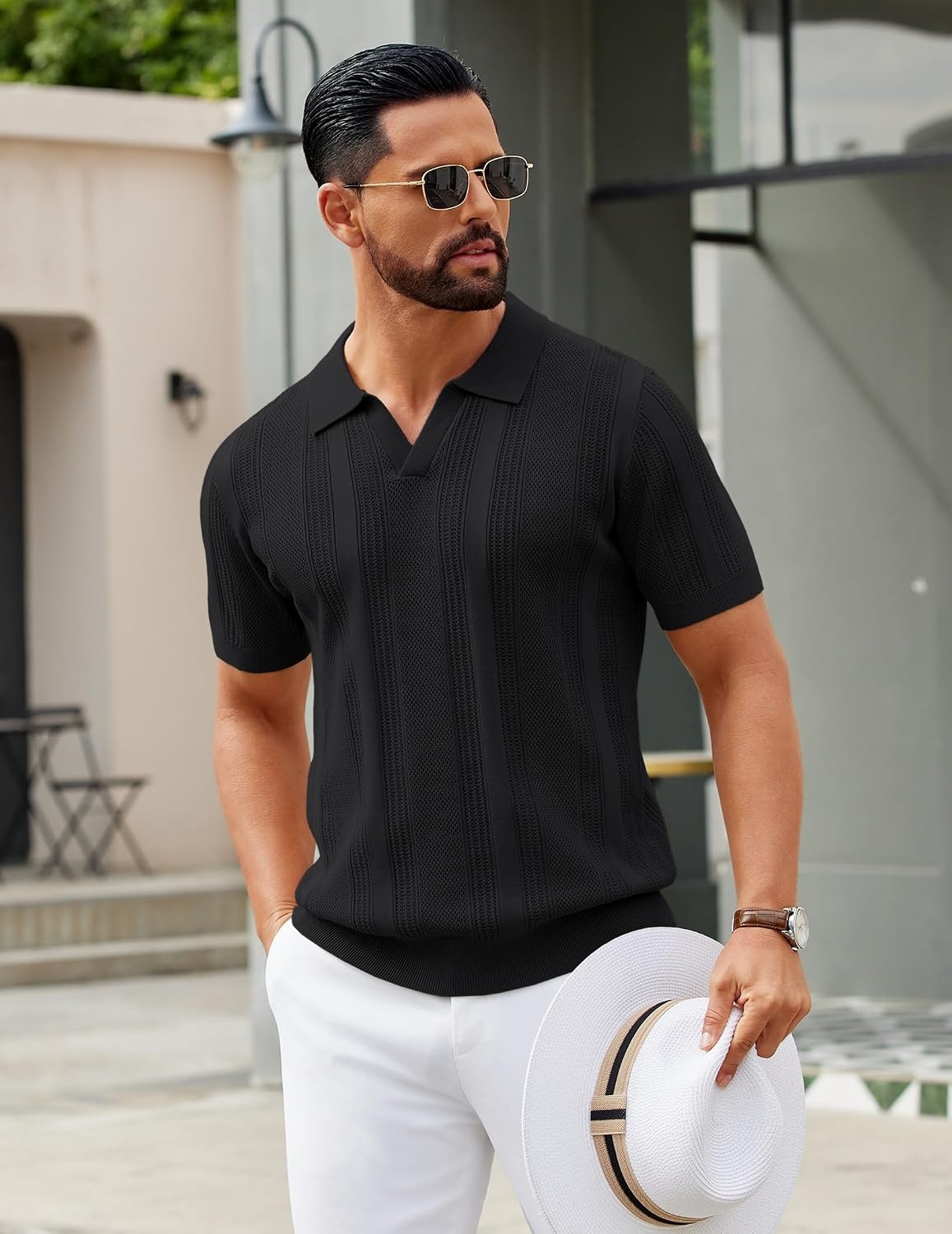 image:imageCOOFANDY Mens Knit Polo Shirts V Neck Textured Polo Shirts Short Sleeve Breathable Polo Casual Collared T Shirt Fashion TopsAll Black