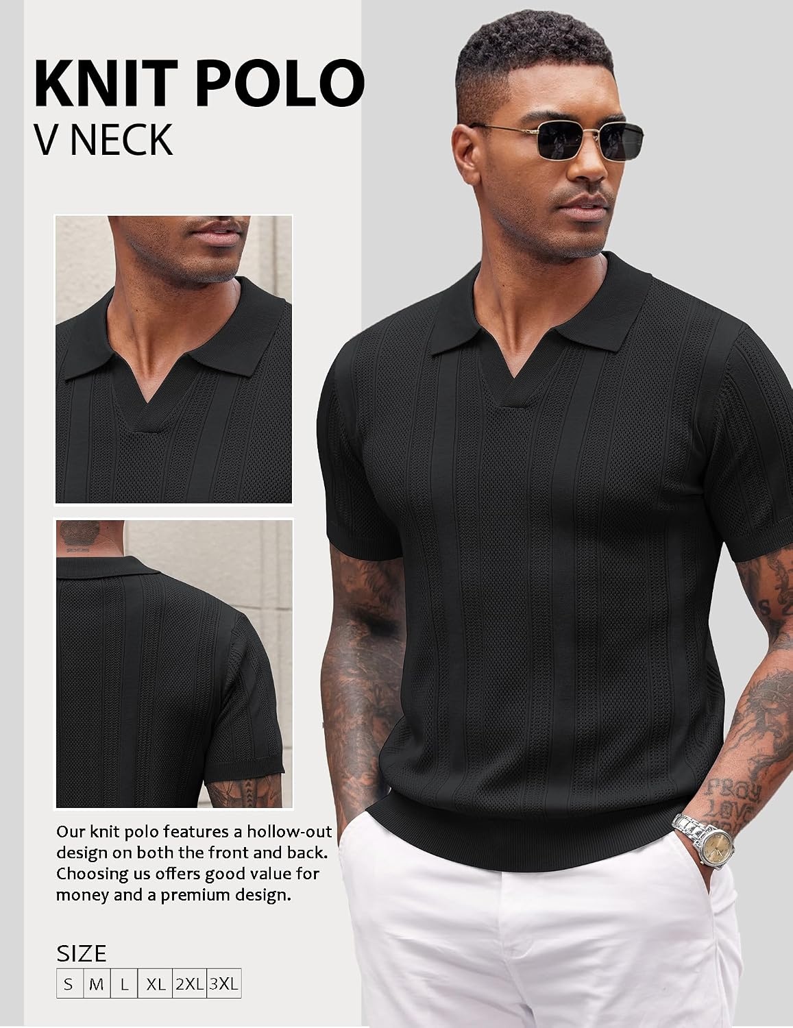 image:imageCOOFANDY Mens Knit Polo Shirts V Neck Textured Polo Shirts Short Sleeve Breathable Polo Casual Collared T Shirt Fashion TopsAll Black