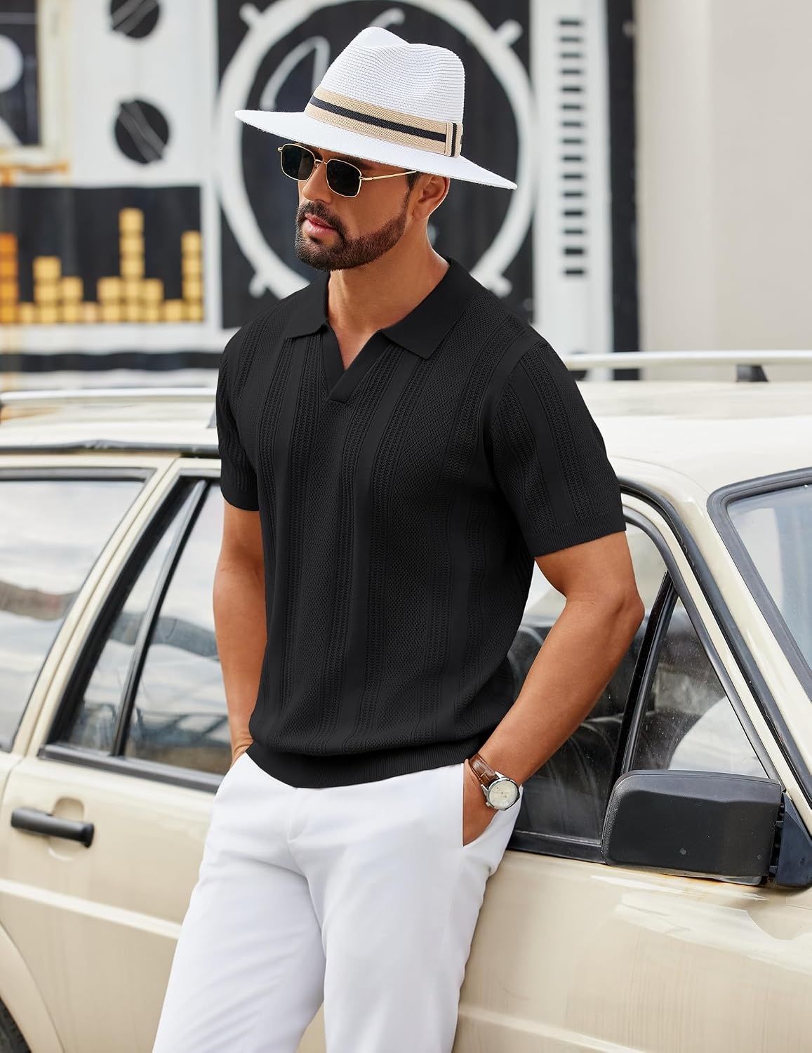 image:imageCOOFANDY Mens Knit Polo Shirts V Neck Textured Polo Shirts Short Sleeve Breathable Polo Casual Collared T Shirt Fashion TopsAll Black