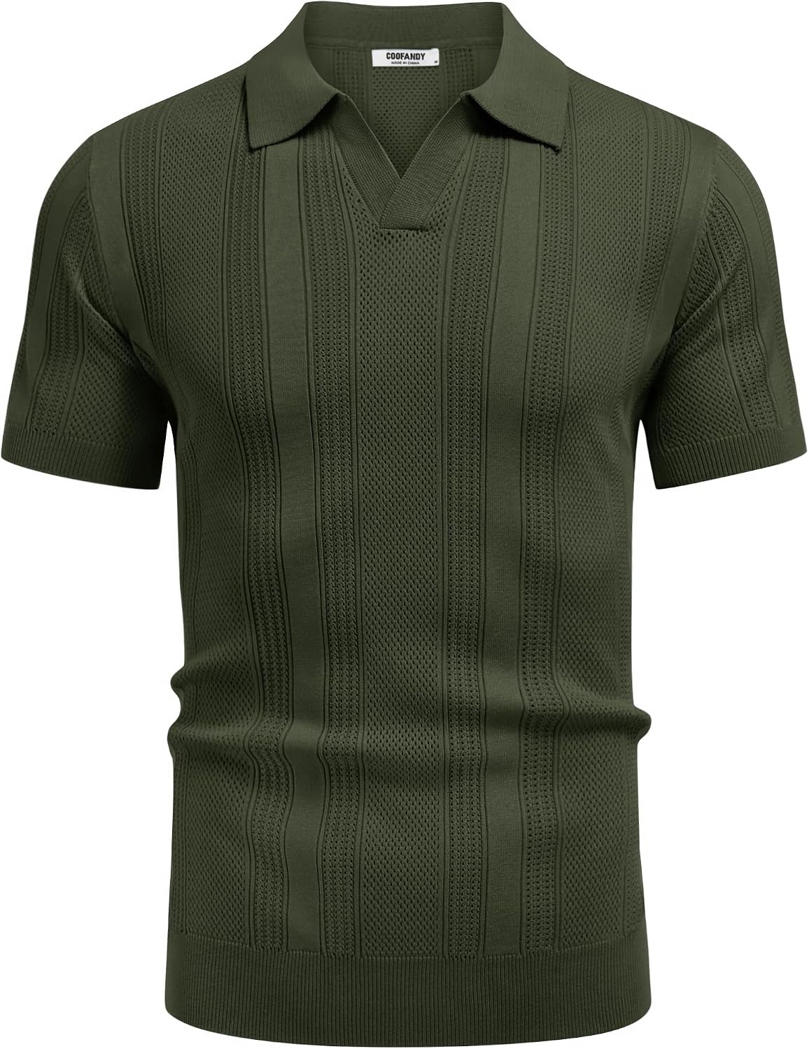 image:imageCOOFANDY Mens Knit Polo Shirts V Neck Textured Polo Shirts Short Sleeve Breathable Polo Casual Collared T Shirt Fashion TopsArmy Green
