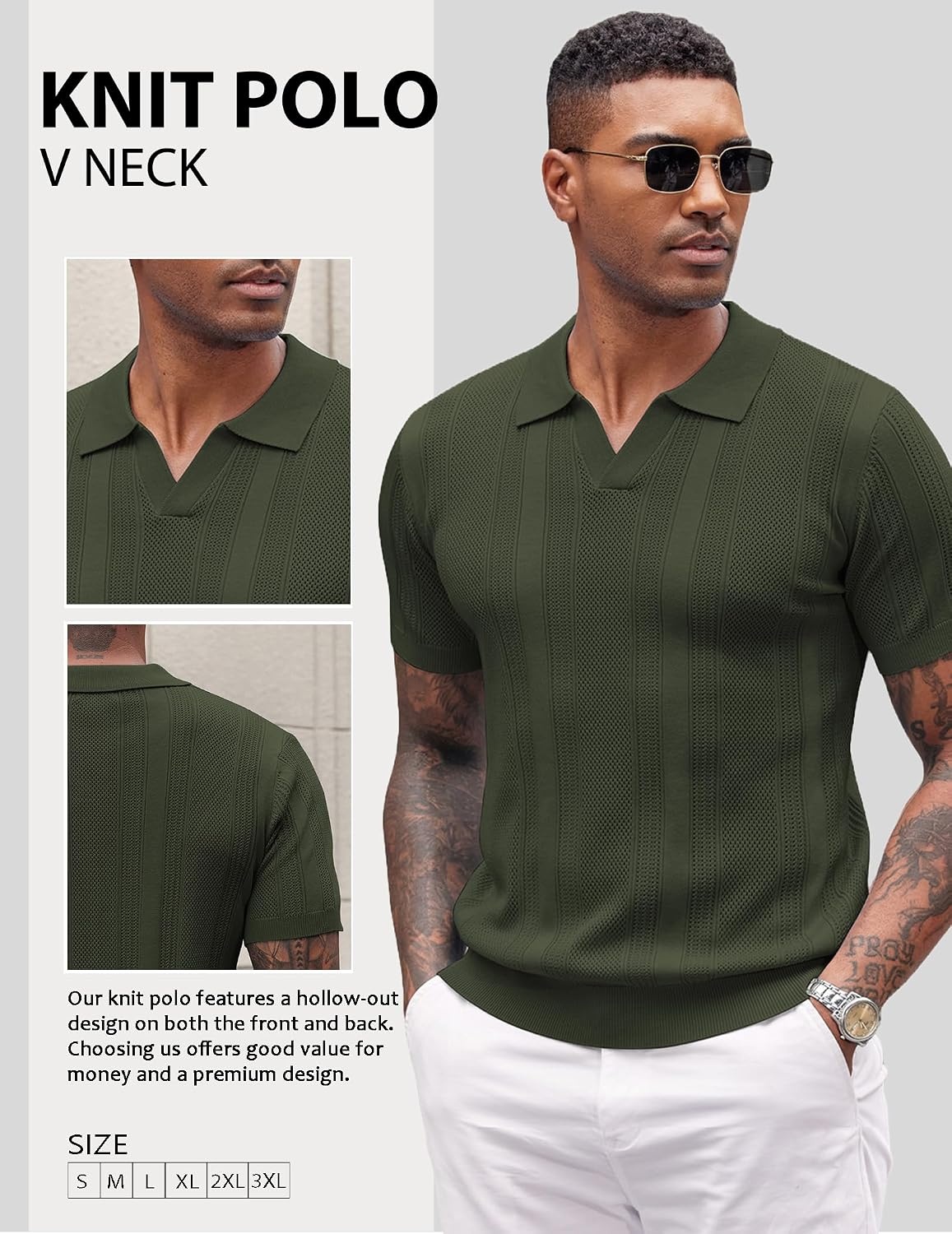 image:imageCOOFANDY Mens Knit Polo Shirts V Neck Textured Polo Shirts Short Sleeve Breathable Polo Casual Collared T Shirt Fashion TopsArmy Green
