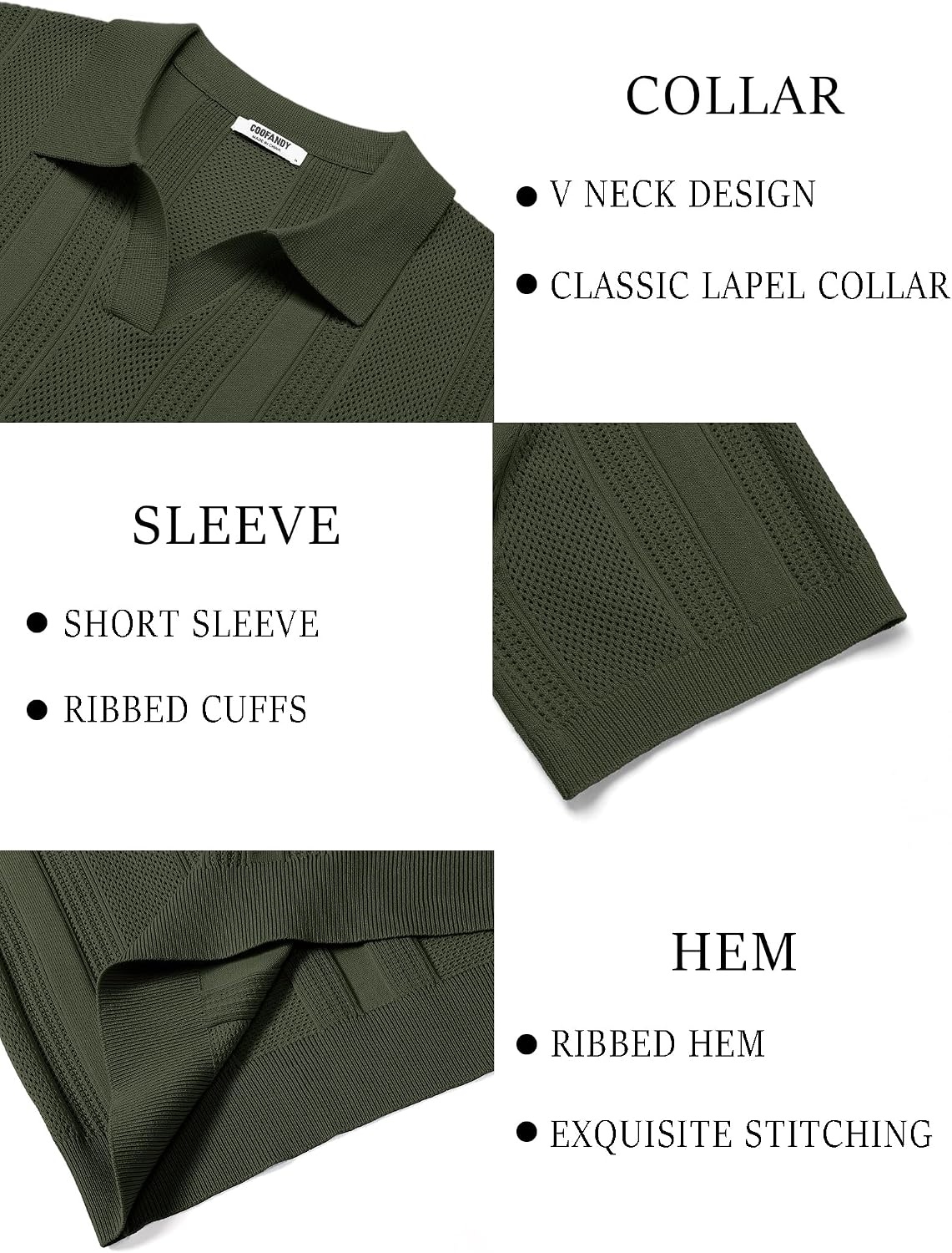 image:imageCOOFANDY Mens Knit Polo Shirts V Neck Textured Polo Shirts Short Sleeve Breathable Polo Casual Collared T Shirt Fashion TopsArmy Green