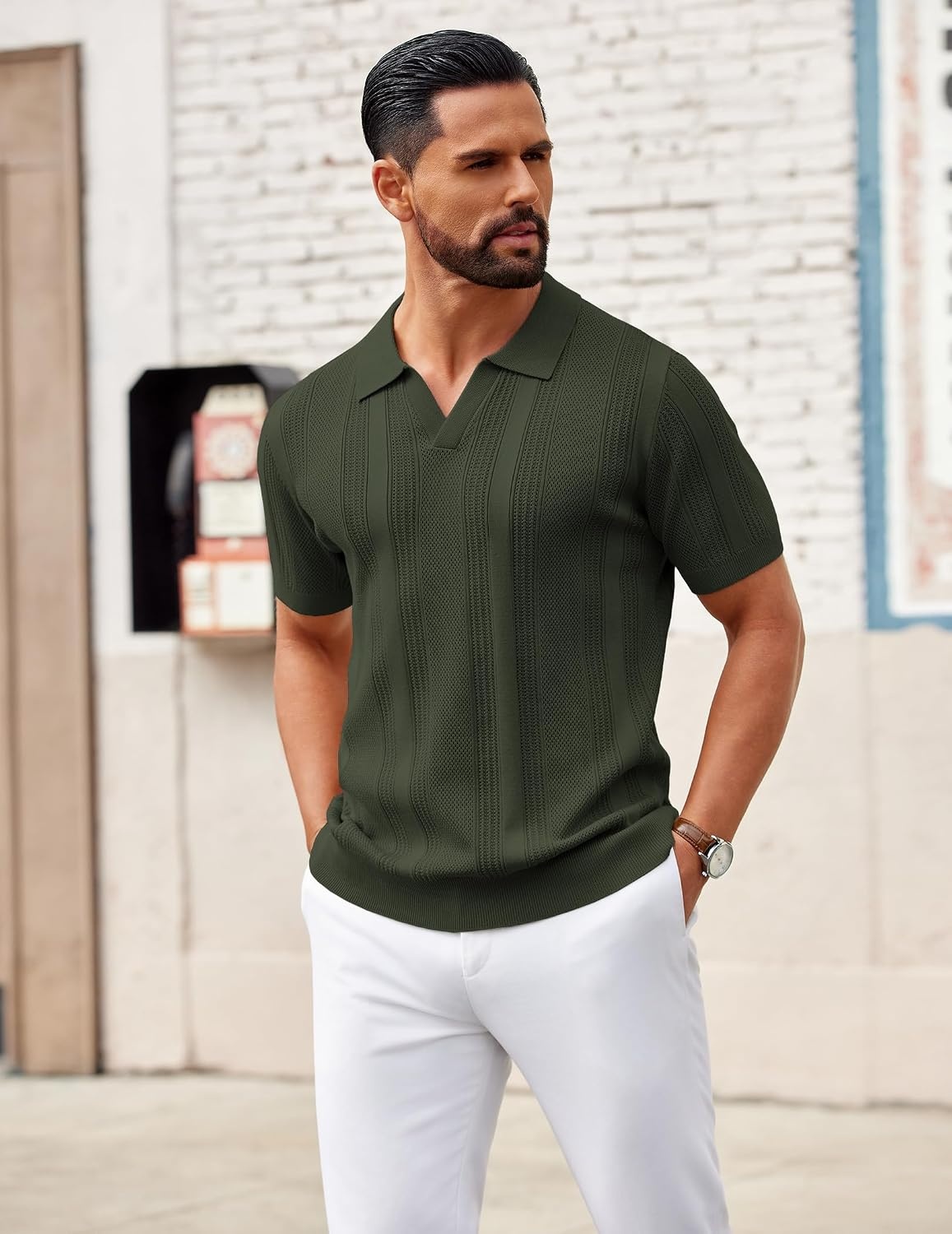 image:imageCOOFANDY Mens Knit Polo Shirts V Neck Textured Polo Shirts Short Sleeve Breathable Polo Casual Collared T Shirt Fashion TopsArmy Green