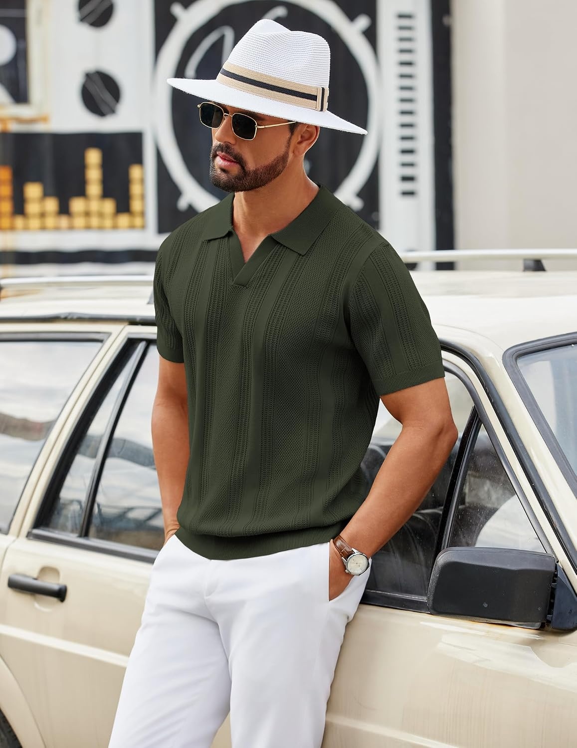 image:imageCOOFANDY Mens Knit Polo Shirts V Neck Textured Polo Shirts Short Sleeve Breathable Polo Casual Collared T Shirt Fashion TopsArmy Green