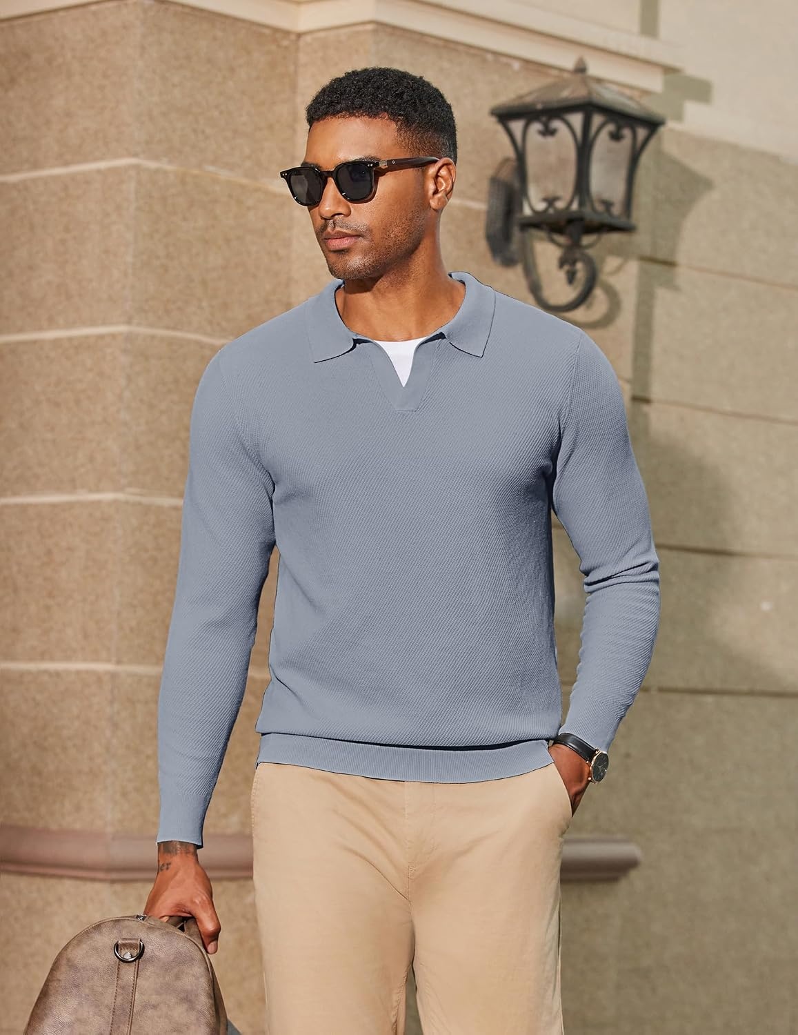image:imageCOOFANDY Mens Knit Polo Sweater Long Sleeve VNeck Pullover Sweaters Casual Collared Ribbed Knitted Polos