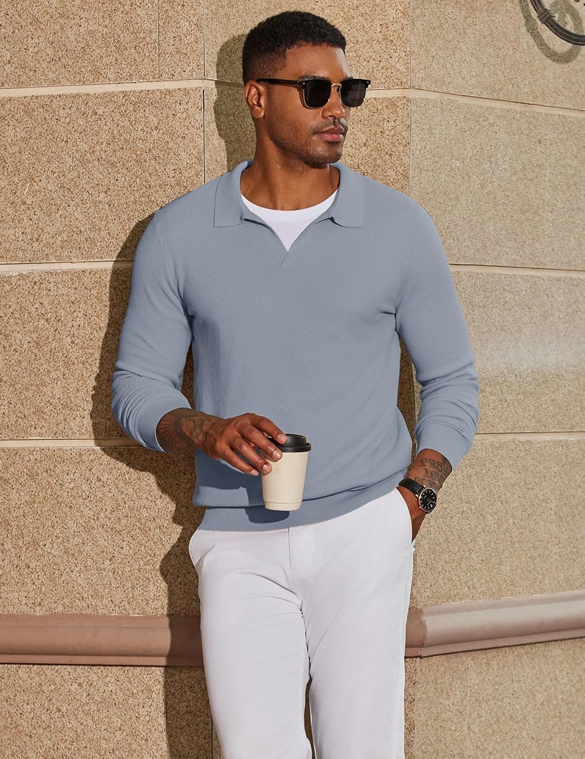 image:imageCOOFANDY Mens Knit Polo Sweater Long Sleeve VNeck Pullover Sweaters Casual Collared Ribbed Knitted Polos