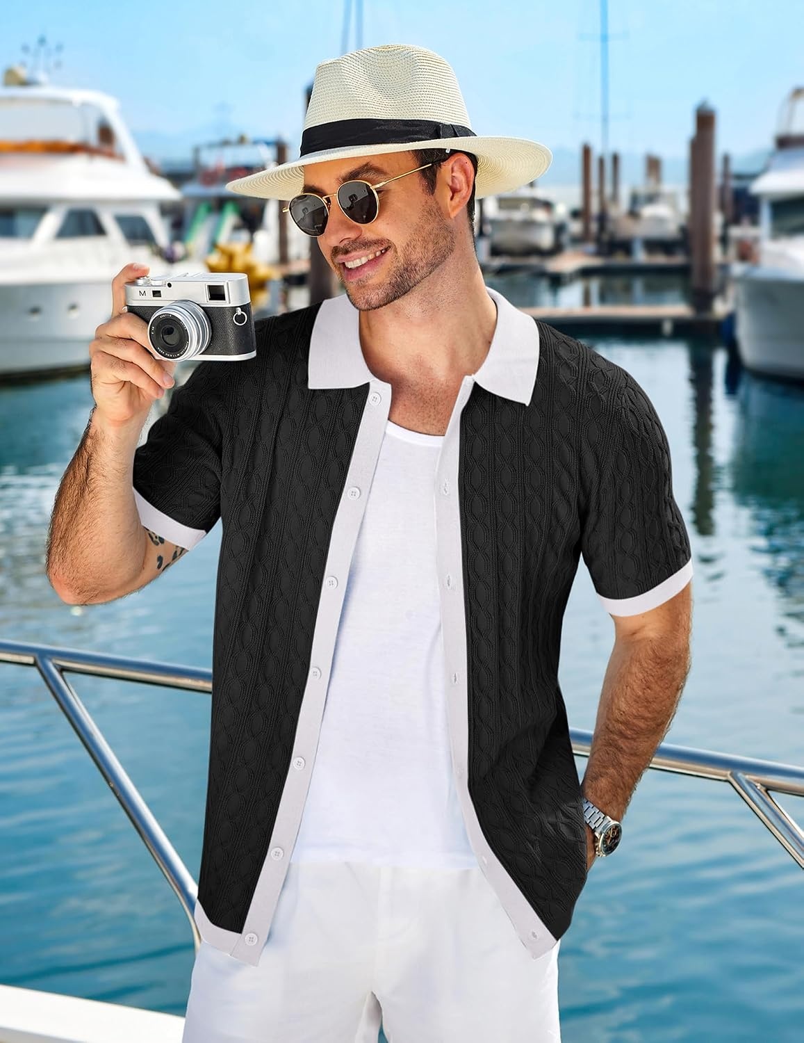 image:imageCOOFANDY Mens Knit Short Sleeve Shirts Button Down Vintage Knitted Polo Shirt Casual Beach Crochet Cable Vacation ShirtWhiteblack