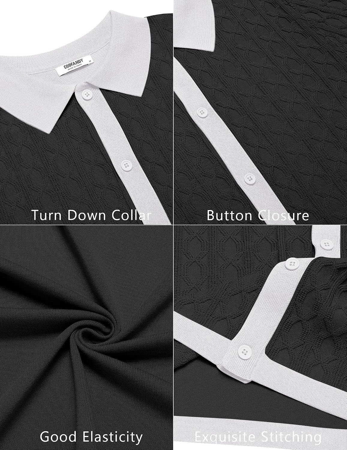 image:imageCOOFANDY Mens Knit Short Sleeve Shirts Button Down Vintage Knitted Polo Shirt Casual Beach Crochet Cable Vacation ShirtWhiteblack
