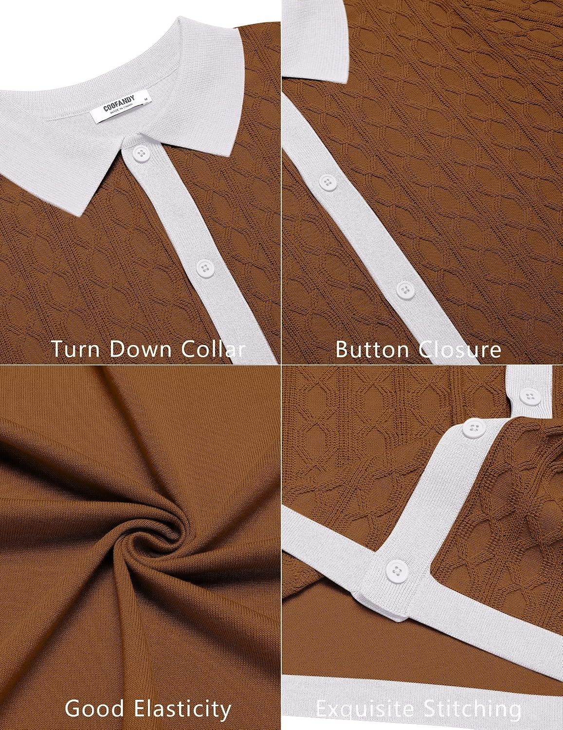 image:imageCOOFANDY Mens Knit Short Sleeve Shirts Button Down Vintage Knitted Polo Shirt Casual Beach Crochet Cable Vacation ShirtWhitelight Brown