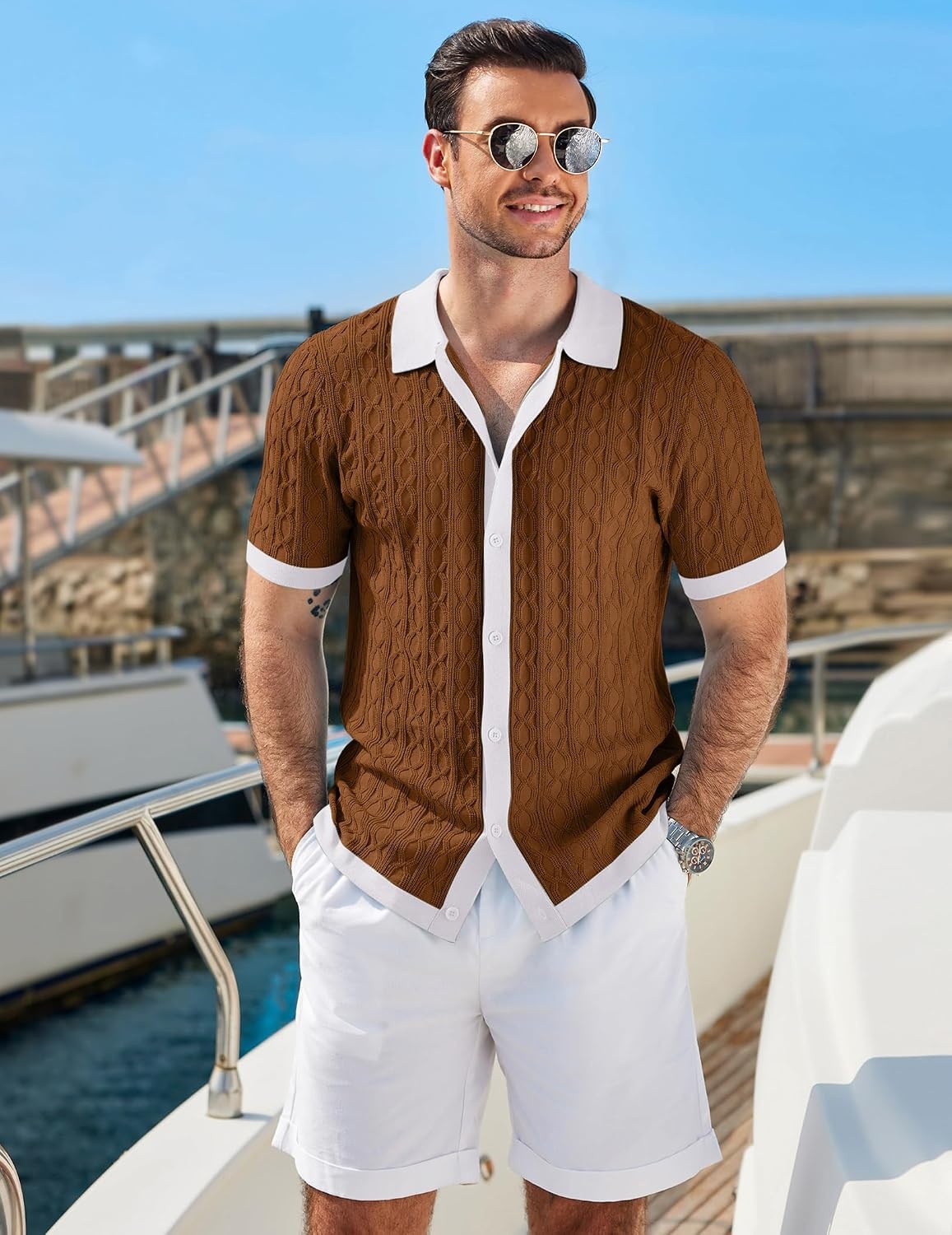image:imageCOOFANDY Mens Knit Short Sleeve Shirts Button Down Vintage Knitted Polo Shirt Casual Beach Crochet Cable Vacation ShirtWhitelight Brown