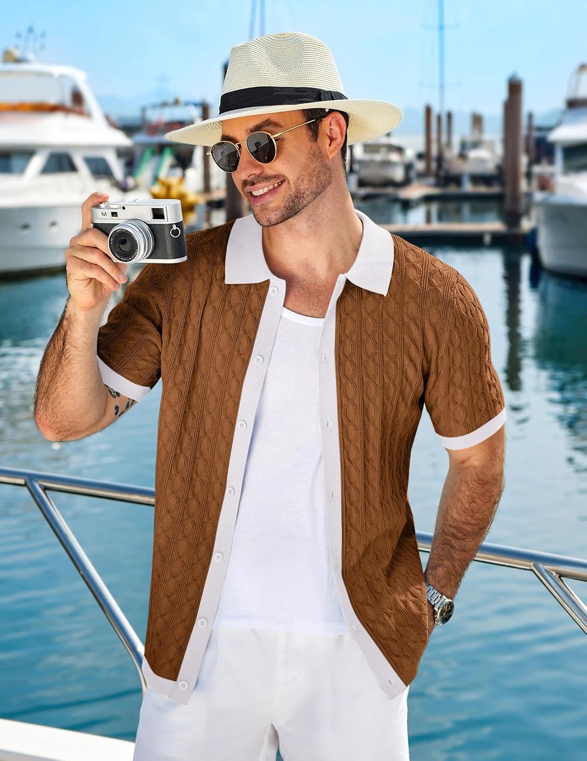 image:imageCOOFANDY Mens Knit Short Sleeve Shirts Button Down Vintage Knitted Polo Shirt Casual Beach Crochet Cable Vacation ShirtWhitelight Brown