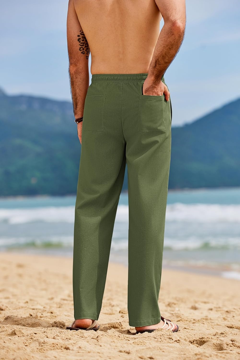image:imageCOOFANDY Mens Linen Pants Casual Loose Fit Beach Summer Yoga Pant Lightweight Drawstring Linen TrousersArmy Green2