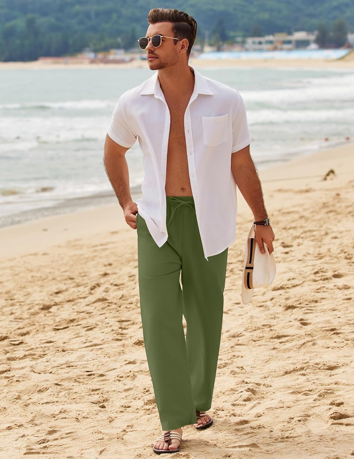 image:imageCOOFANDY Mens Linen Pants Casual Loose Fit Beach Summer Yoga Pant Lightweight Drawstring Linen TrousersArmy Green2