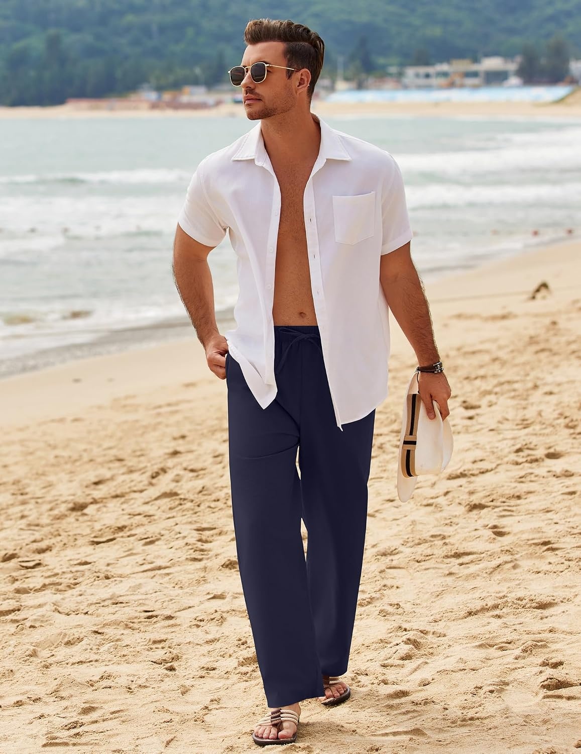 image:imageCOOFANDY Mens Linen Pants Casual Loose Fit Beach Summer Yoga Pant Lightweight Drawstring Linen TrousersNavy