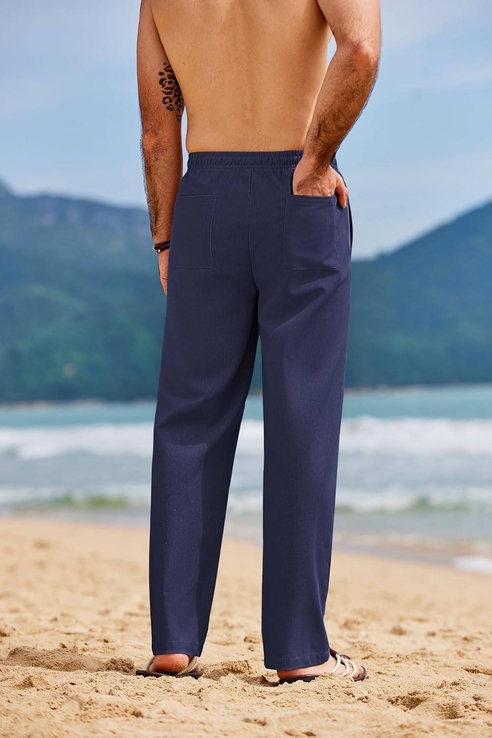 image:imageCOOFANDY Mens Linen Pants Casual Loose Fit Beach Summer Yoga Pant Lightweight Drawstring Linen TrousersNavy