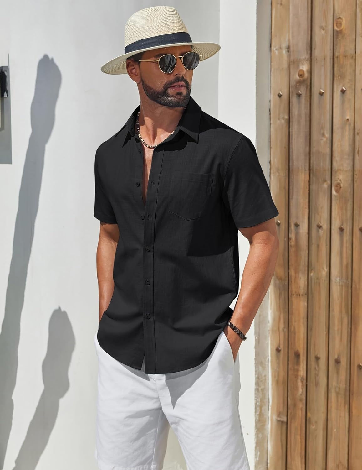 image:imageCOOFANDY Mens Short Sleeve Button Down Shirts Summer Cotton Lyocell Linen Textured Casual Beach Shirts with PocketBlack