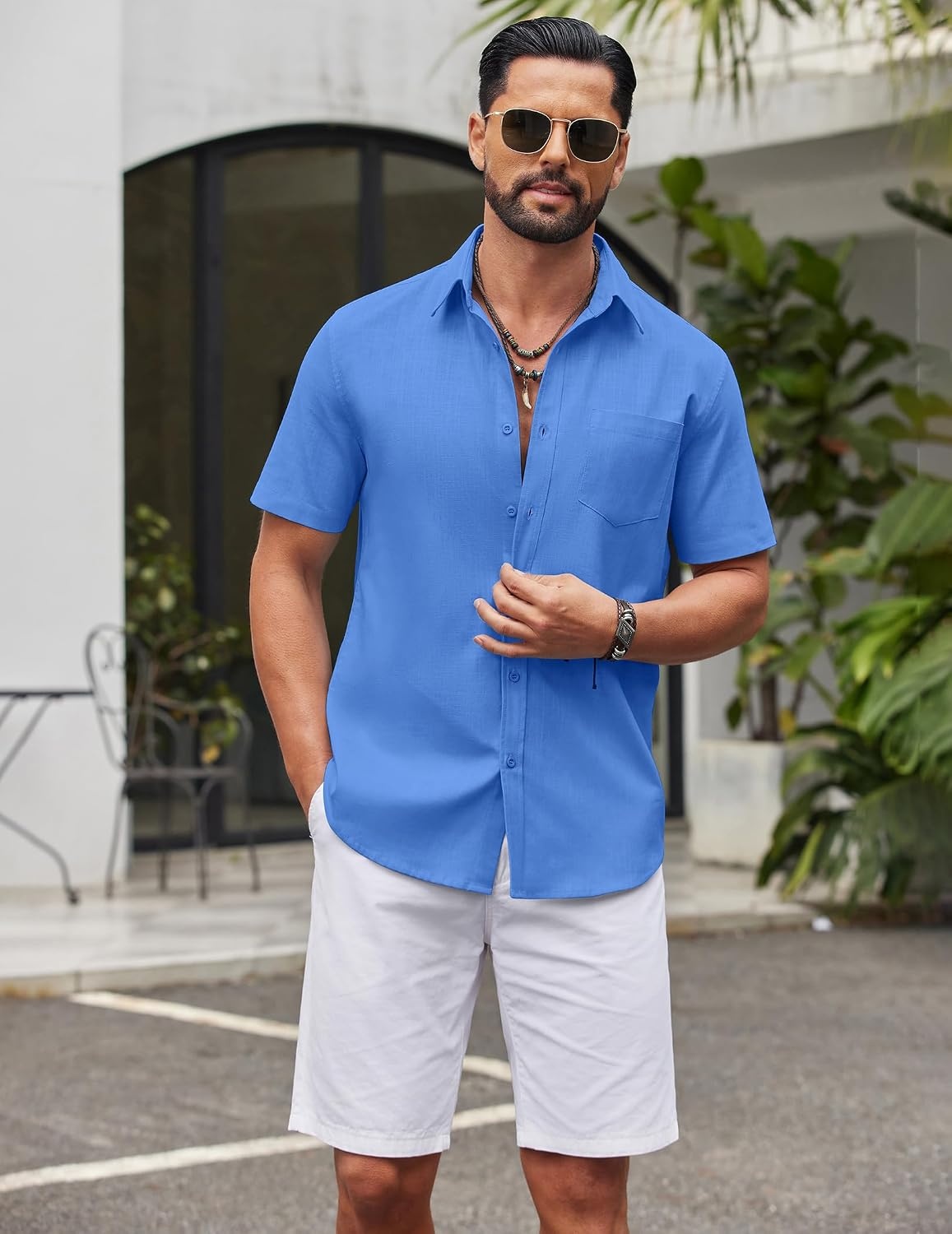 image:imageCOOFANDY Mens Short Sleeve Button Down Shirts Summer Cotton Lyocell Linen Textured Casual Beach Shirts with PocketBlue