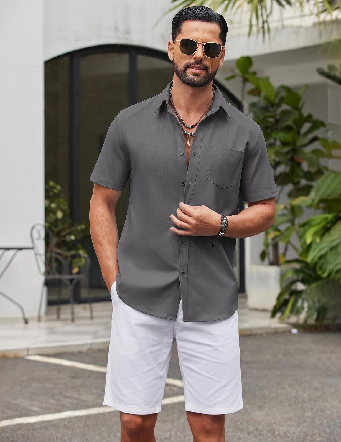 image:imageCOOFANDY Mens Short Sleeve Button Down Shirts Summer Cotton Lyocell Linen Textured Casual Beach Shirts with PocketDark Grey