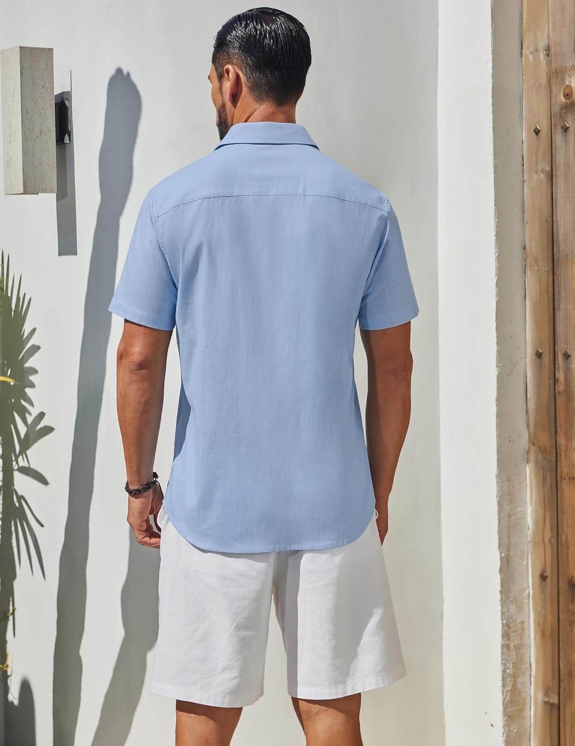 image:imageCOOFANDY Mens Short Sleeve Button Down Shirts Summer Cotton Lyocell Linen Textured Casual Beach Shirts with PocketLight Blue